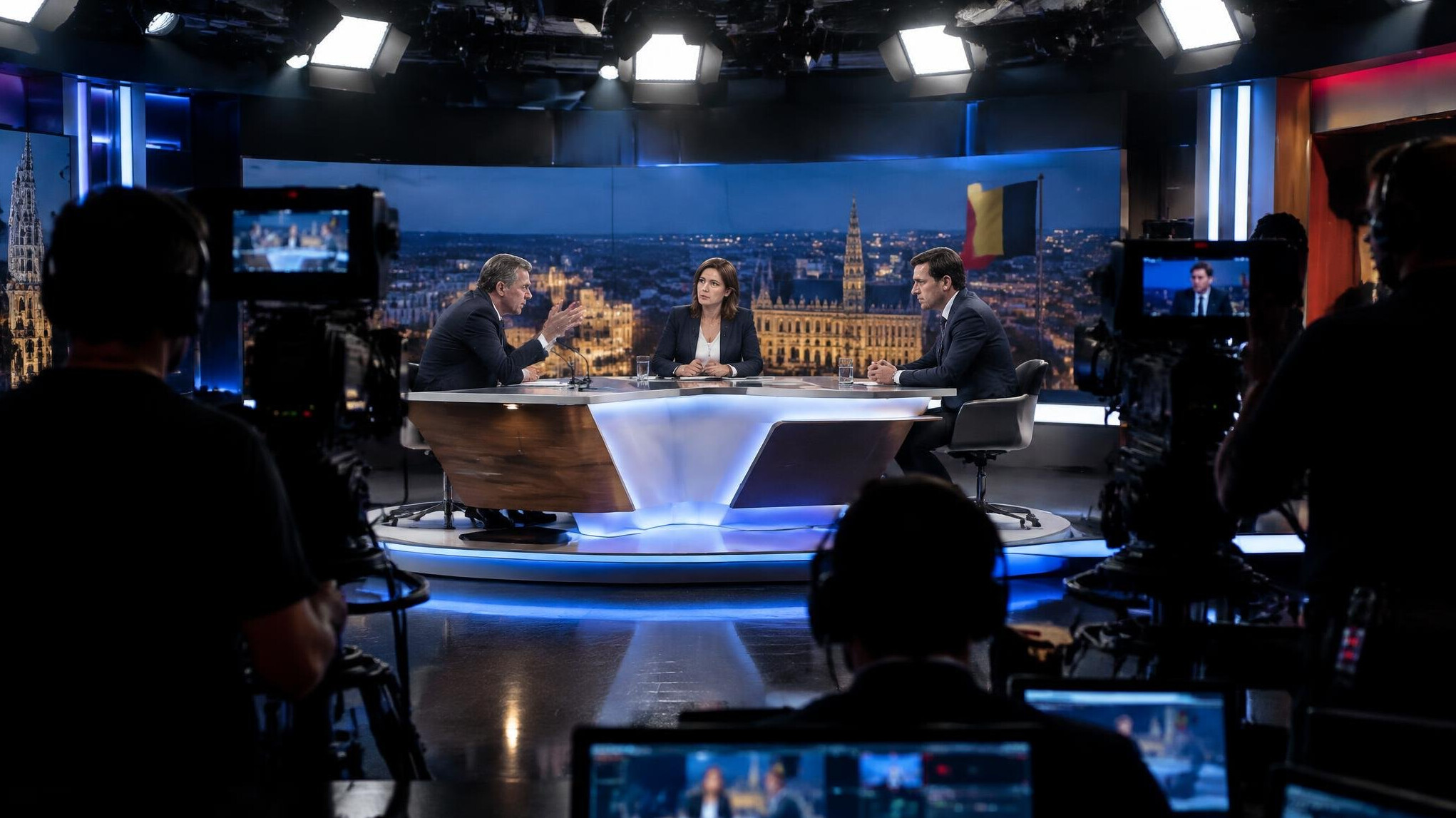 Television studio control room during a tense live broadcast
